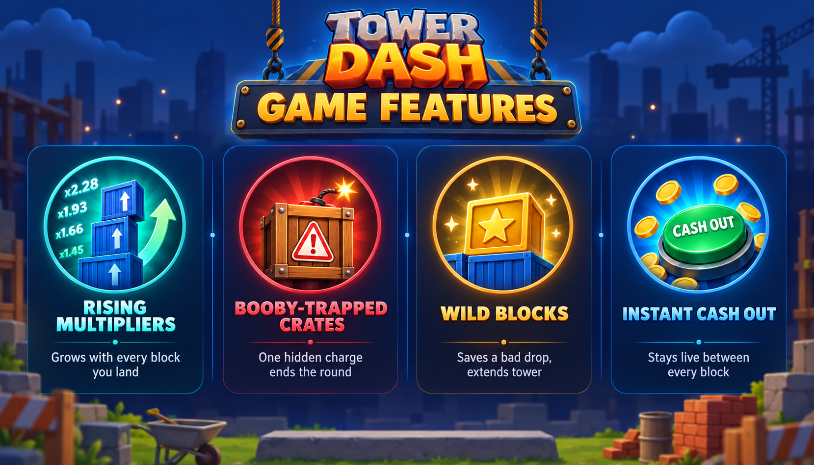 Tower Dash game features - Rising Multipliers, Booby-Trapped Crates, Wild Blocks and Instant Cash Out