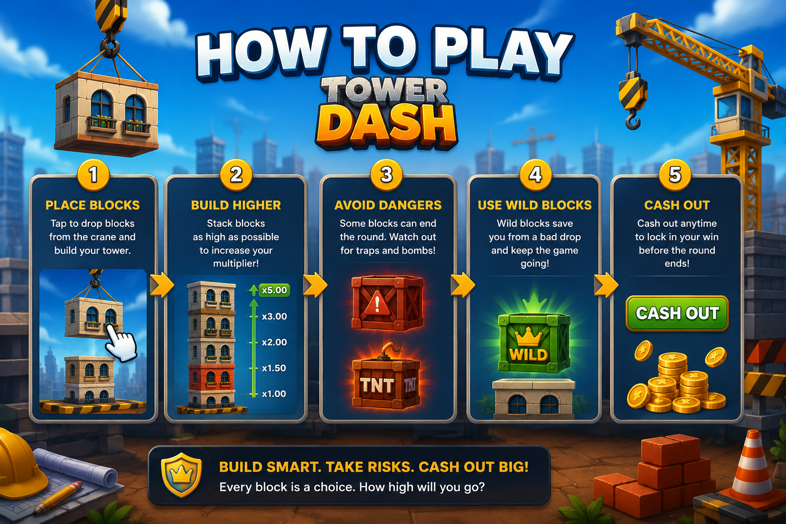 How to play the Tower Dash game - set a bet, press Drop, then Cash Out